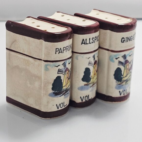 3 Westwood Ceramic Spice Containers book shaped vtg Japan windmill design retro - Picture 9 of 11